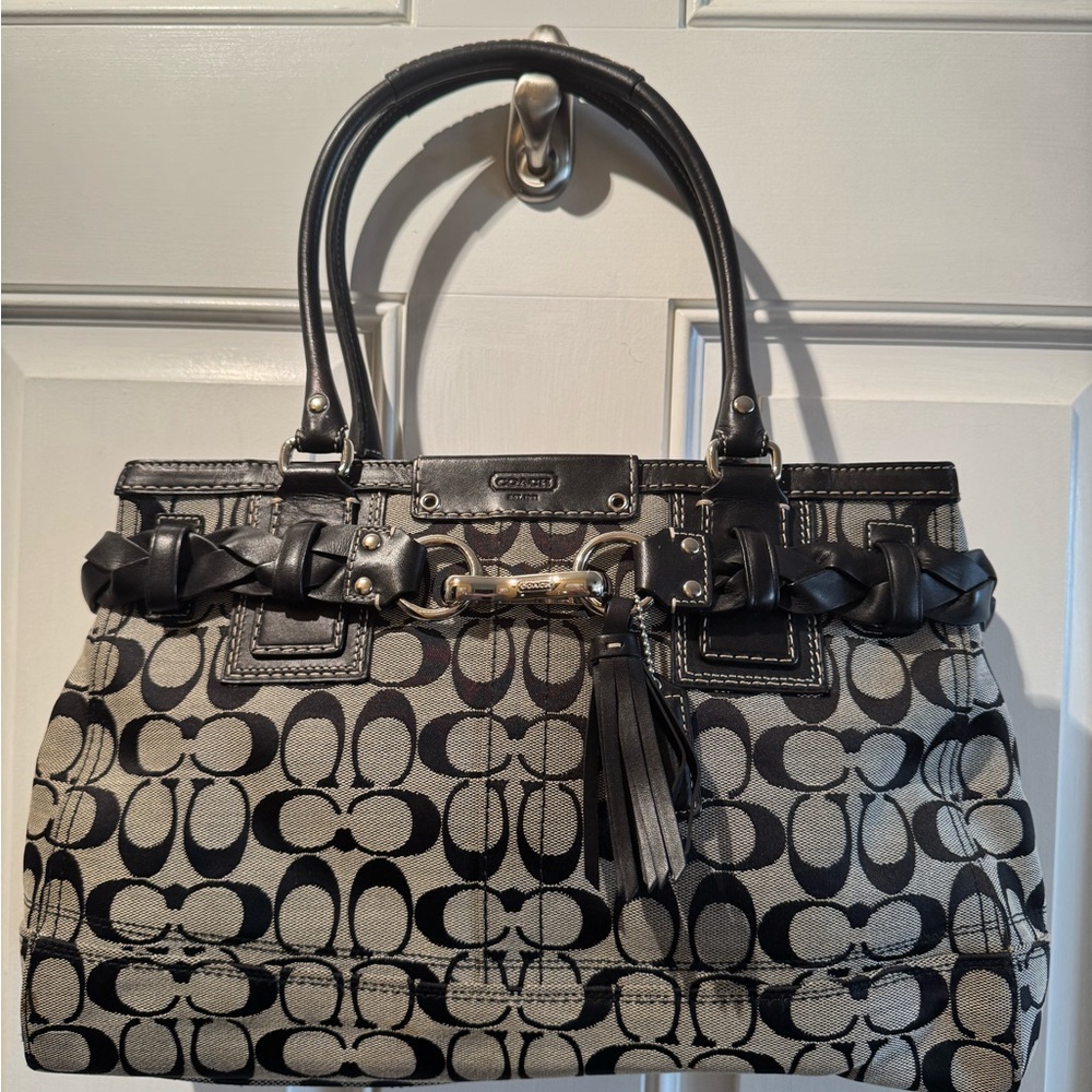 Coach Black and Gray Monogram Shoulder Bag with Leather Handles.